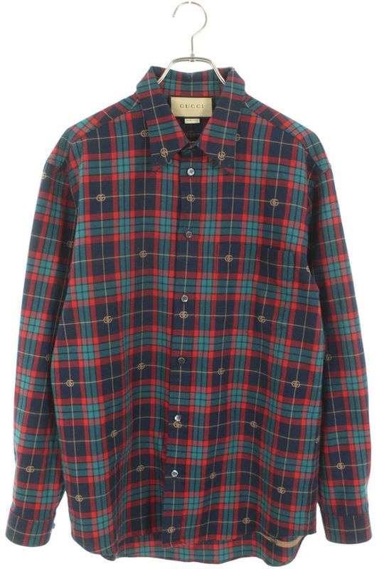 Gucci 770439 Zao20 Tartan Check GG Embroidered Long Sleeve Shirt Men's 44