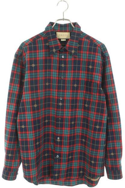 Gucci 770439 Zao20 Tartan Check GG Embroidered Long Sleeve Shirt Men's 44