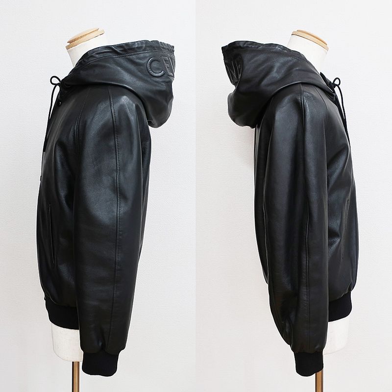 Celine Hooded Jacket Black Notation Size 44 Soft Lambskin Leather