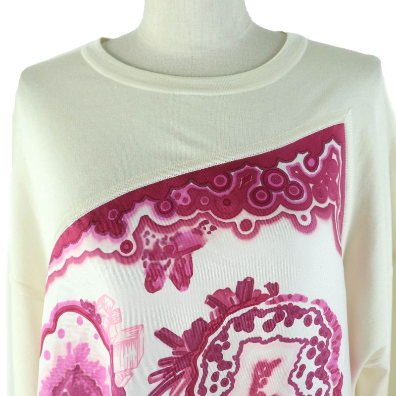 Hermes 100% Silk Twill Raine Long Sleeve Dress Ivory Pink 34 Made In France