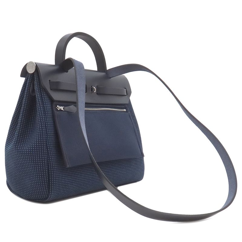 Hermes 2 Way Bag Herbag Her Bag Zip PM 31 Leather Toile Cadrille Blue Egée and