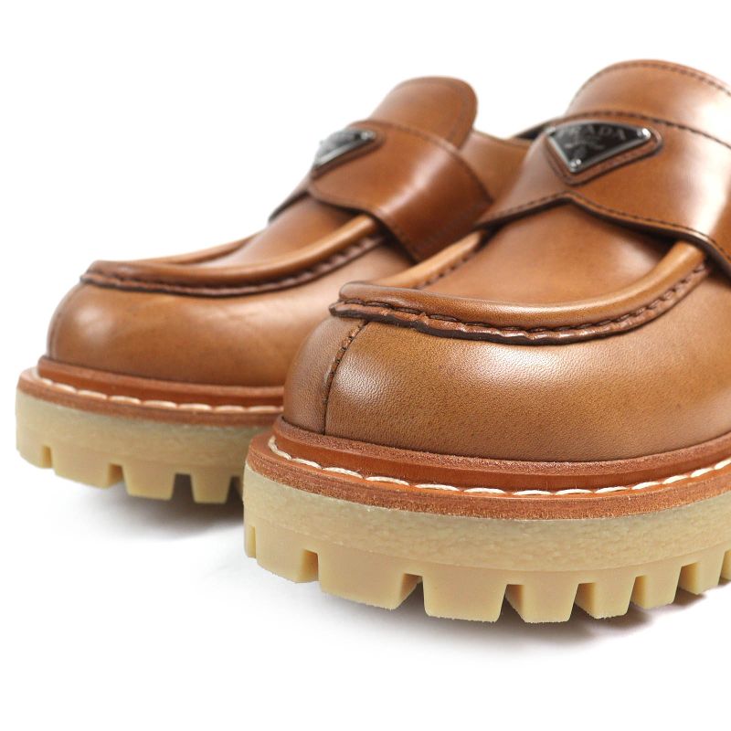 Prada 1d801n Triangle Logo Triangle Plate Oxford Leather Loafers Brown 37.5