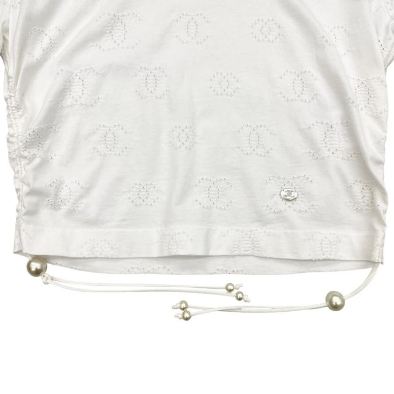 Chanel Short Sleeve T-Shirt Coco Mark Pearl Cropped Length P72733 M Size Cotton