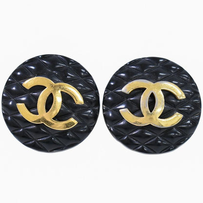 Authentic Chanel Coco Mark Matelasse Earrings Plastic GP Gold Plated Black