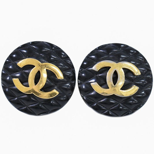 Authentic Chanel Coco Mark Matelasse Earrings Plastic GP Gold Plated Black