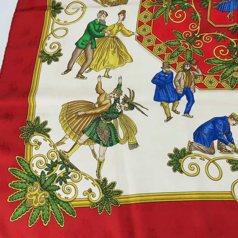 Hermes Scarf Carré 90 Joies D'hiver Winter Pleasures Silk Red Ivory Gold Large