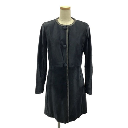 Prada - Leather Paneled Fur Collarless Long Coat - Fully Lined - 40 - Dark Navy