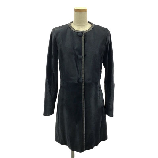 Prada - Leather Paneled Fur Collarless Long Coat - Fully Lined - 40 - Dark Navy