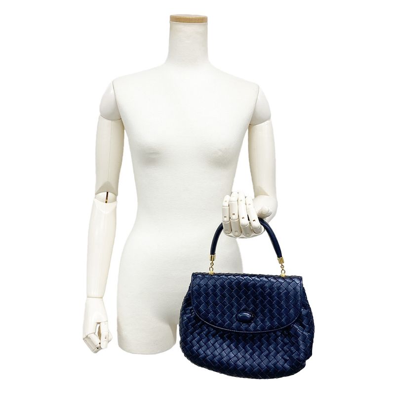 Bottega Veneta Intrecciato Handbag Leather Navy Gold Hardware Women