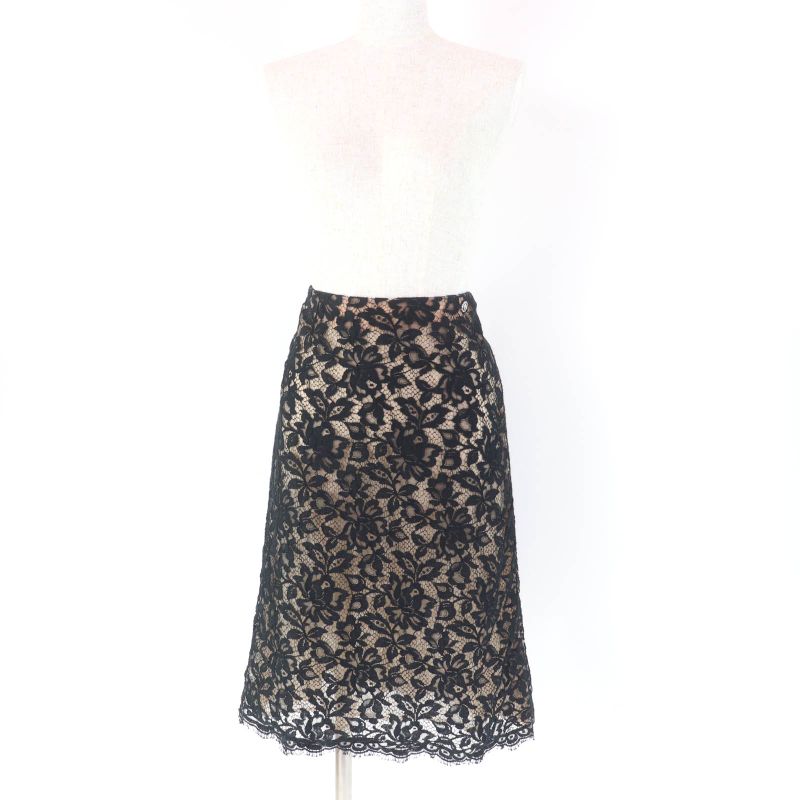 CHANEL P64618v60643 100% Silk Lined Full Lace Skirt With Lion Hardware Black 38