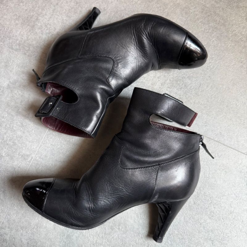 Chanel Matelasse Leather Belt Short Boots Coco Mark Black 36 1 2 23.5cm