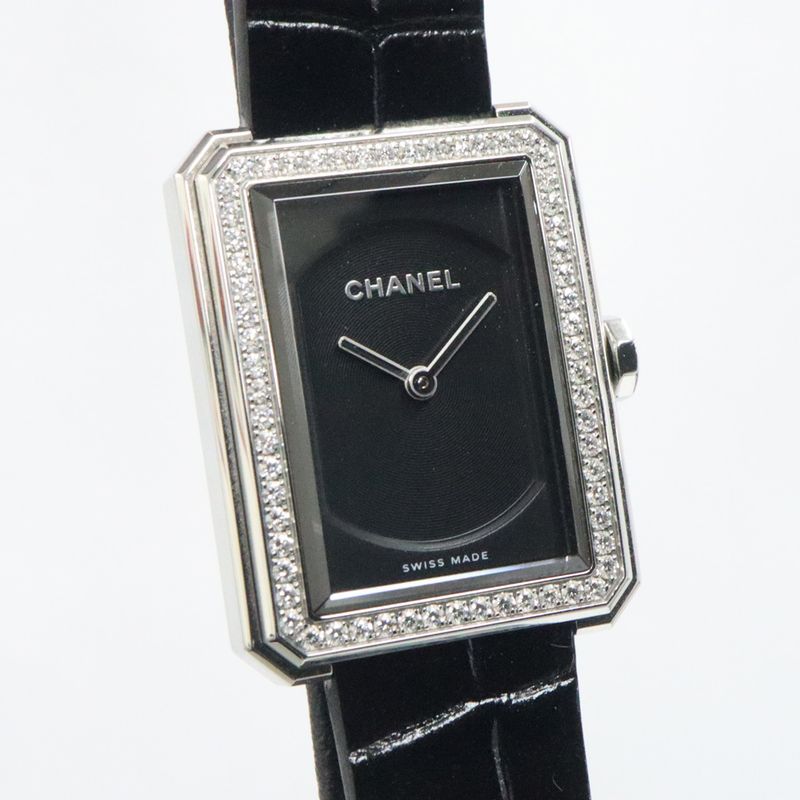 Chanel Boyfriend H6586 Black Diamond Bezel SS Leather Quartz Ladies