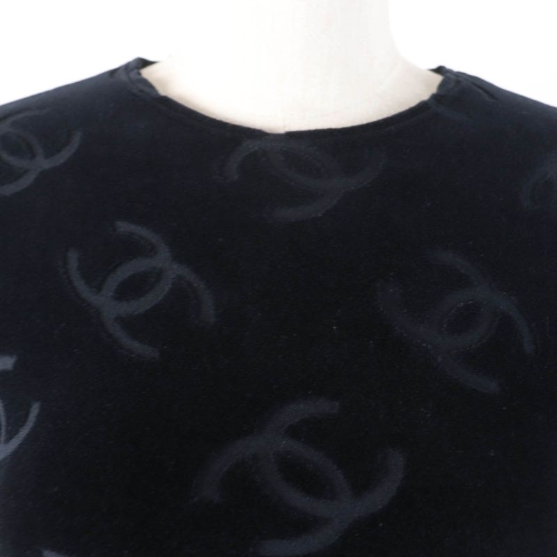 CHANEL Vintage 96P Cotton Coco Mark Design Velour Short Sleeve Top Black 40