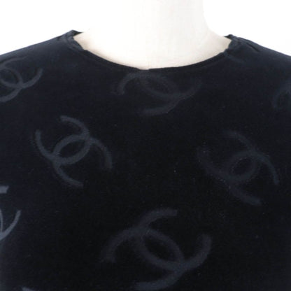 CHANEL Vintage 96P Cotton Coco Mark Design Velour Short Sleeve Top Black 40