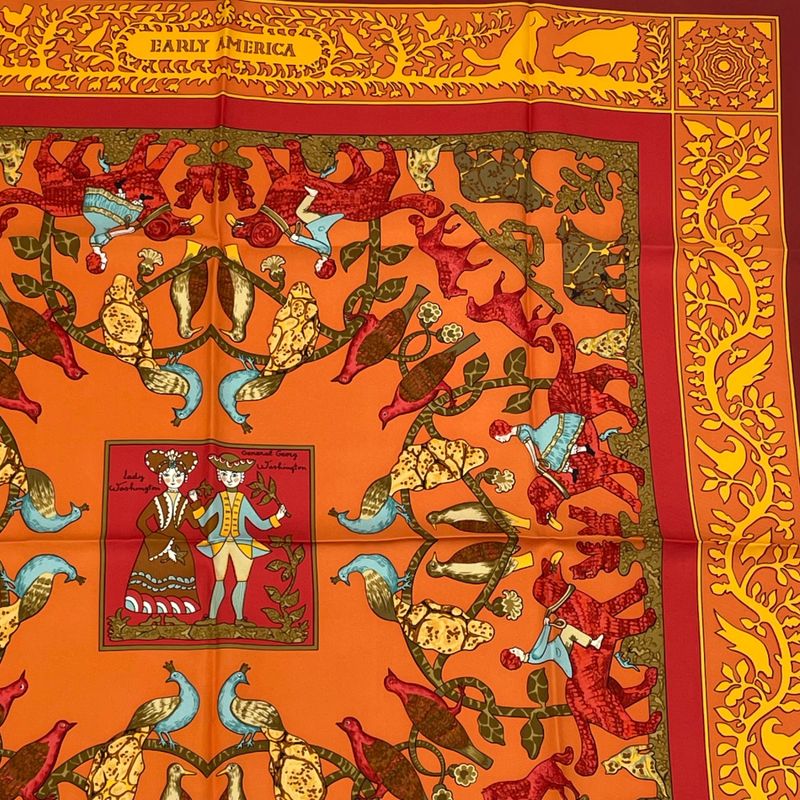 Hermes Carre 90 Early America Scarf With Animal Print Of The Good Old USA Silk