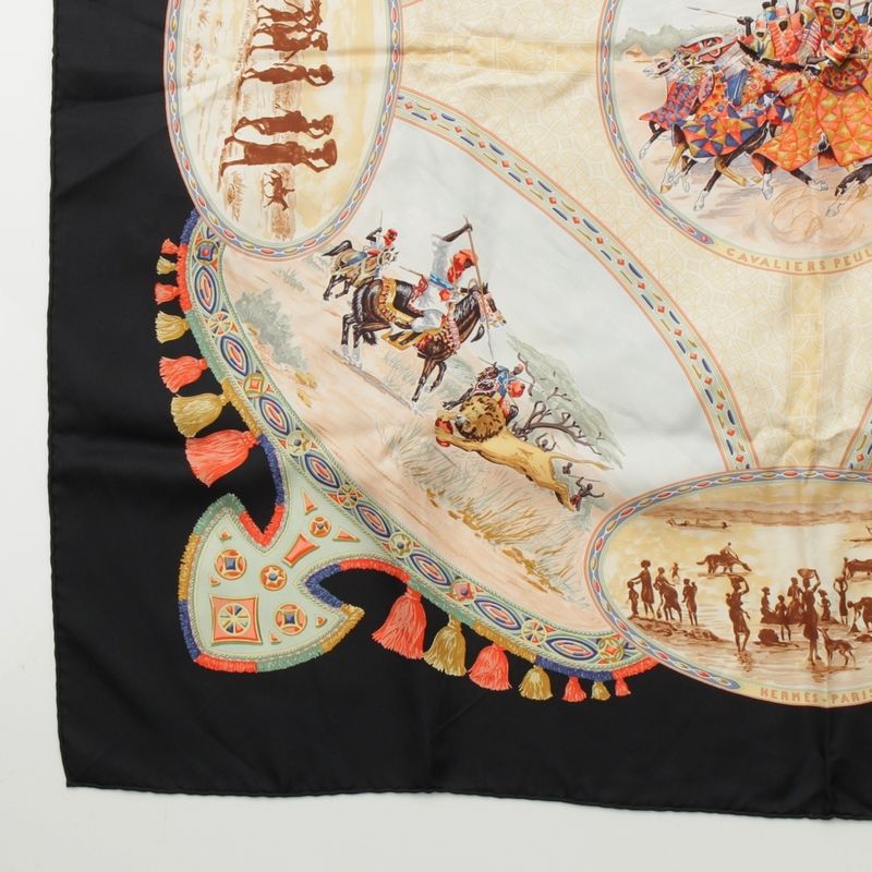 Hermes Carré 90 Cavaliers Peuls Poole Horsemen Silk Scarf Black Multicolor