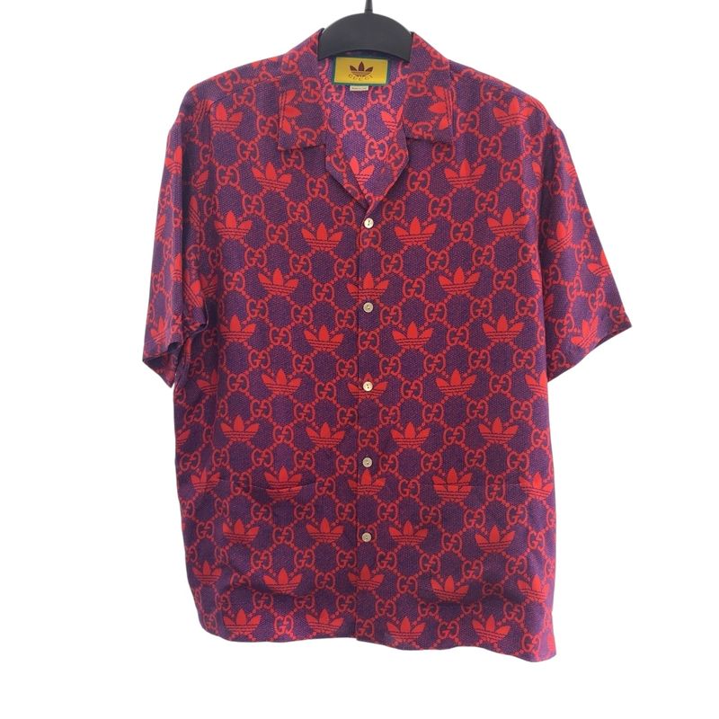 Gucci Adidas Collaboration Size 50 Red Purple Silk 691522 Short Sleeve Shirt