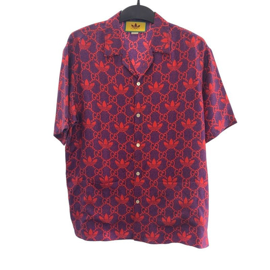 Gucci Adidas Collaboration Size 50 Red Purple Silk 691522 Short Sleeve Shirt