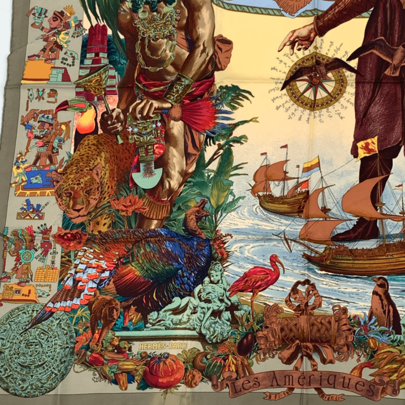 Hermes Carre 90 Scarf Les Ameriques Americas Columbus Silk Multicolor