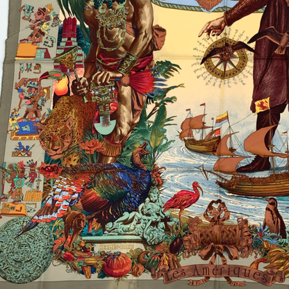 Hermes Carre 90 Scarf Les Ameriques Americas Columbus Silk Multicolor