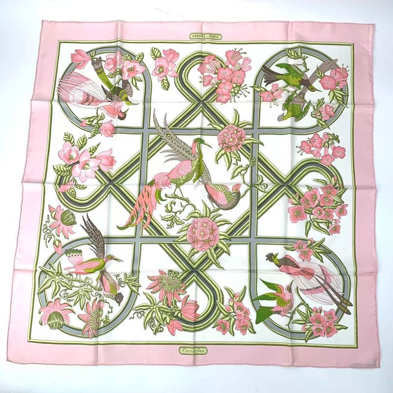 Hermes Scarf Silk Carre 90 Caraibes Caribbean Bird Pink