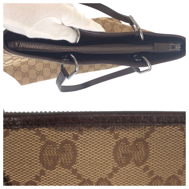 Gucci Beige Brown Silver Hardware GG Canvas/leather 139552 Tote Bag Shoulder