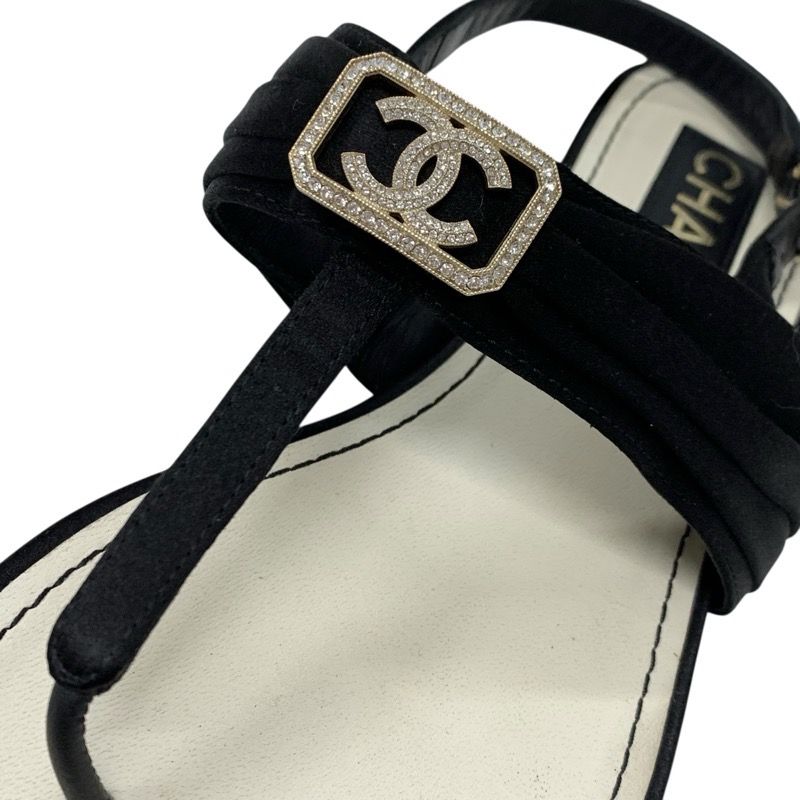 Chanel Sandals Shoes Satin Black Gold Here Mark Rhinestone Thong Flat