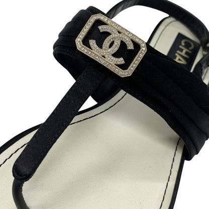 Chanel Sandals Shoes Satin Black Gold Here Mark Rhinestone Thong Flat