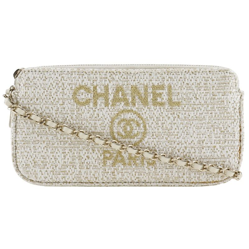 Chanel Deauville Chain Shoulder 2WAY Clutch A84415 Tweed White Ladies Shoulder