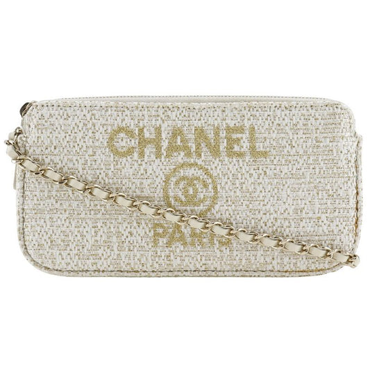 Chanel Deauville Chain Shoulder 2WAY Clutch A84415 Tweed White Ladies Shoulder
