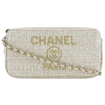 Chanel Deauville Chain Shoulder 2WAY Clutch A84415 Tweed White Ladies Shoulder