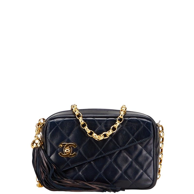 Chanel Matelasse Coco Mark Fringe Chain Shoulder Bag Navy Lambskin Women Chanel