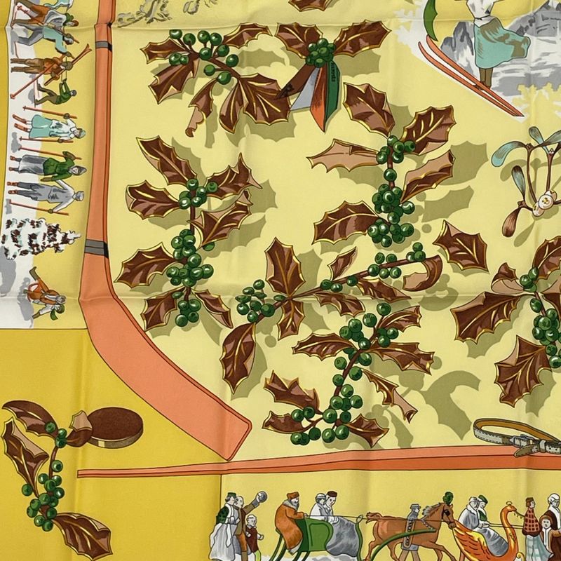 Hermes Carre 90 Neige D'antan Last Year's Snow Yellow 100% Silk Scarf