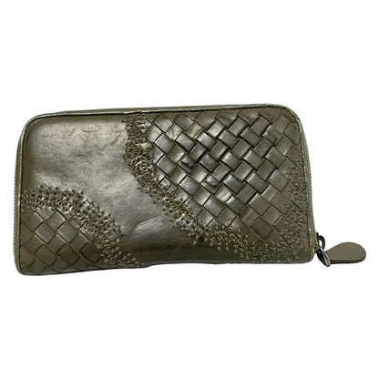 Bottega Veneta Long Wallet Intrecciato 114076 Grey Beige Round Zipper Leather