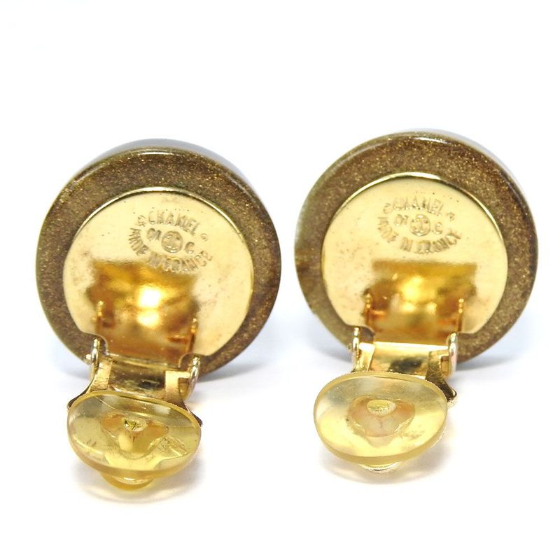 Chanel Earring Coco Mark Clover Four Leaves Black Gold Plated GP 01C Accessory