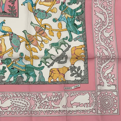 Hermes Carree 90 Early America Old America Animal Print Scarf Silk Pink With Bag