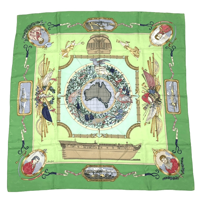 Hermes Carre 90 LE Geographe Geographer Green And Multicolor 100% Silk