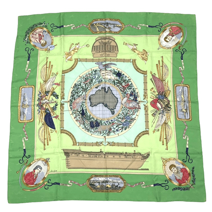 Hermes Carre 90 LE Geographe Geographer Green And Multicolor 100% Silk
