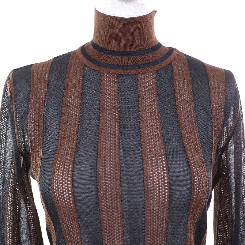 Fendi Fzy923 55% Silk Pecan High Neck Sheer Mesh Design Long Sleeve Top Brown