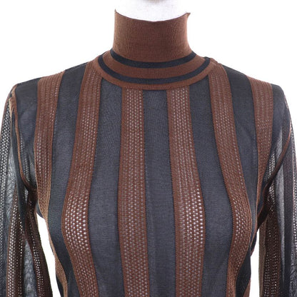 Fendi Fzy923 55% Silk Pecan High Neck Sheer Mesh Design Long Sleeve Top Brown