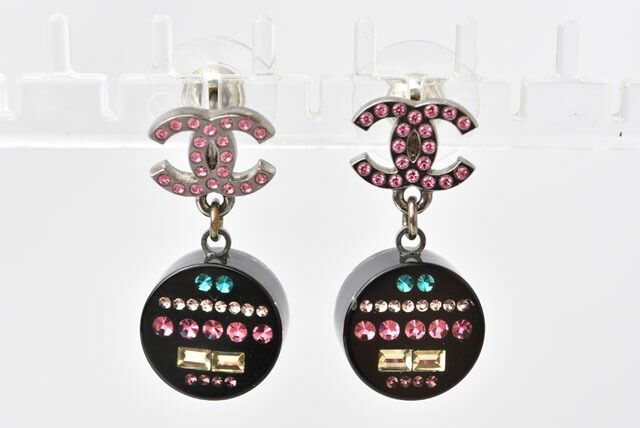 Chanel Earrings Chanel CC Coco Mark Circle Rhinestone Multicolor Rose Black