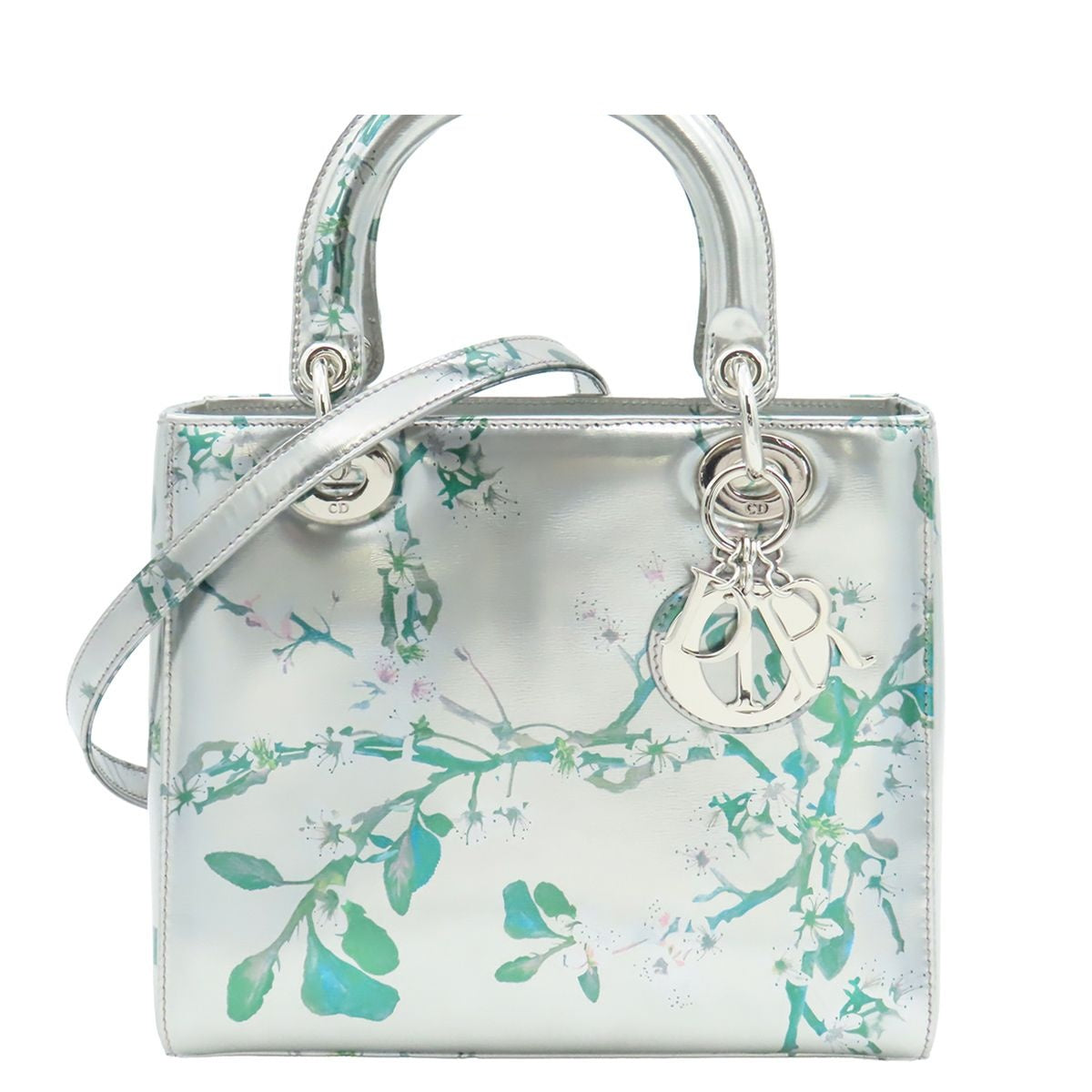 Dior Lady Medium Silver Lambskin 2-Way Shoulder Bag Floral Metallic