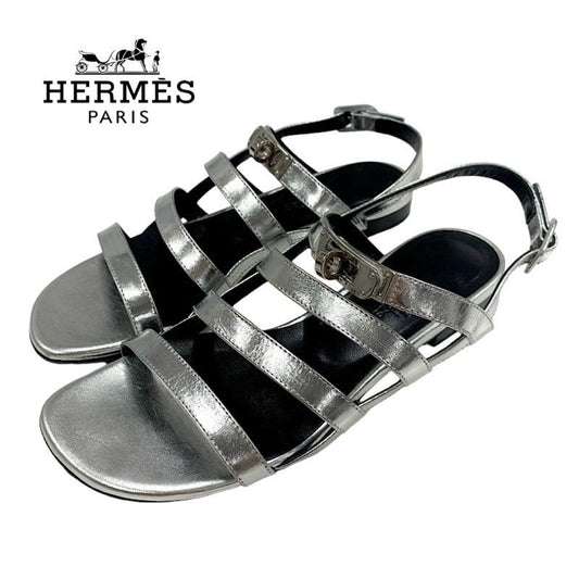 Hermes Transat Sandals Shoes Leather Silver Flat Kelly Hardware