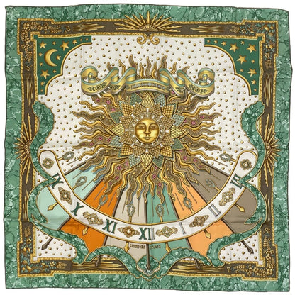 Hermes Carre 90 Carpe Diem Enjoy Your Day Sun Moon Scarf Silk Green Multicolor