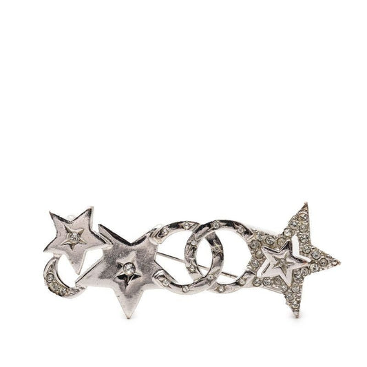 Chanel CC Logo Star Motif Brooch Silver Metal Line Stone
