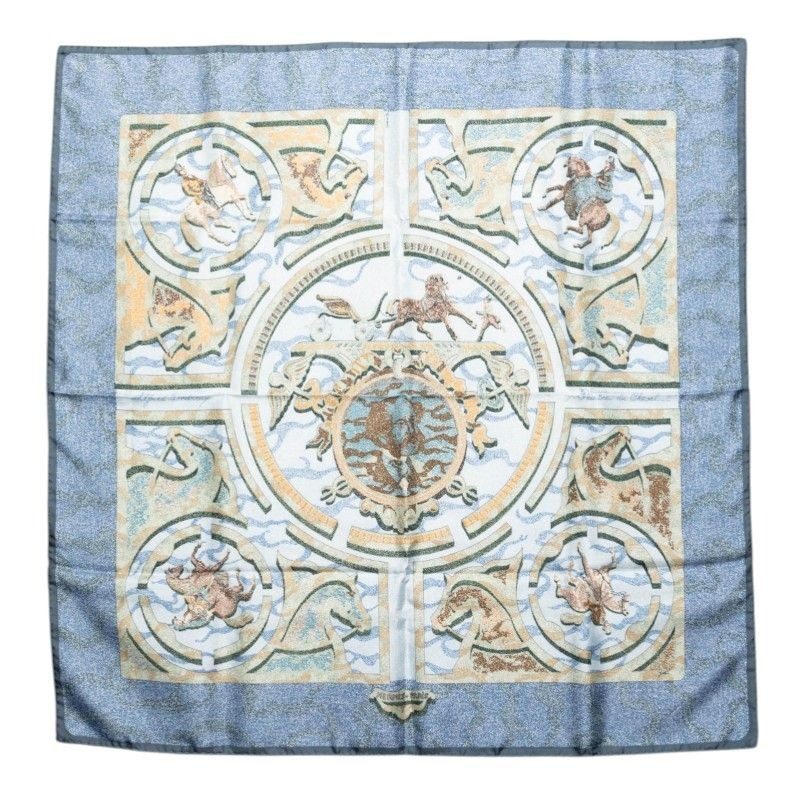 Hermes Carre 90 Peintre du Cheval Horse Painter Scarf Blue Green Silk