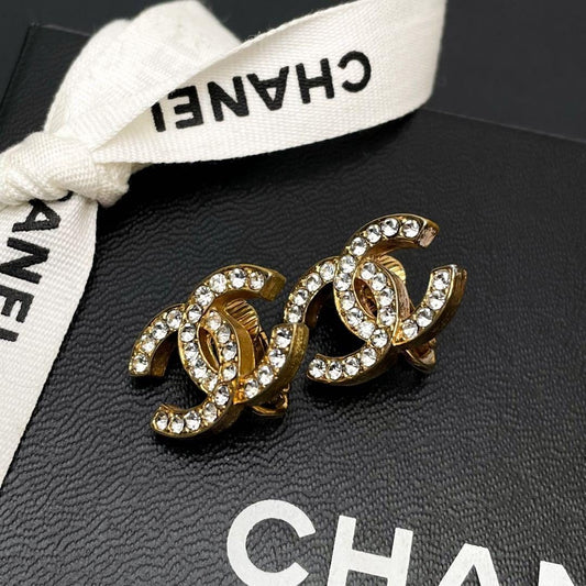 Chanel CC Logo Earrings Line Stone Gold Icon