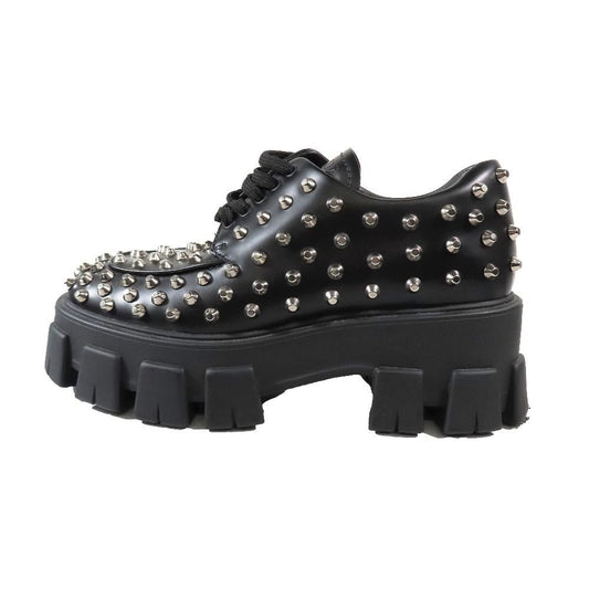 Prada 714 Monolith Brushed Leather Thick Sole Studded Loafers Lace Up Shoes