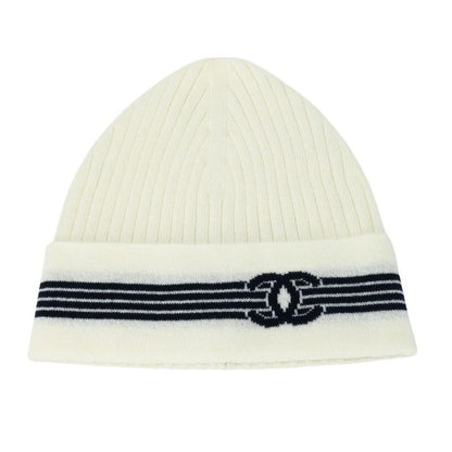 Chanel Knit Cap Cashmere Cotton White Black Hat Coco Mark Apparel
