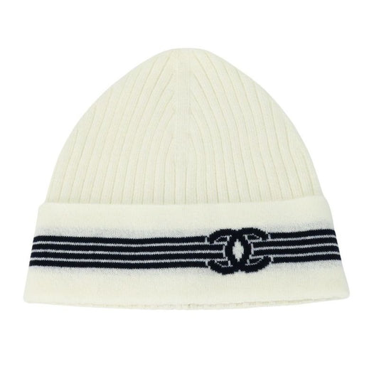 Chanel Knit Cap Cashmere Cotton White Black Hat Coco Mark Apparel